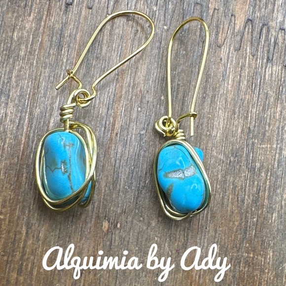 Turquoise and gold chunky nuggets dangle earrings/protection and peace - Picture 1 of 6